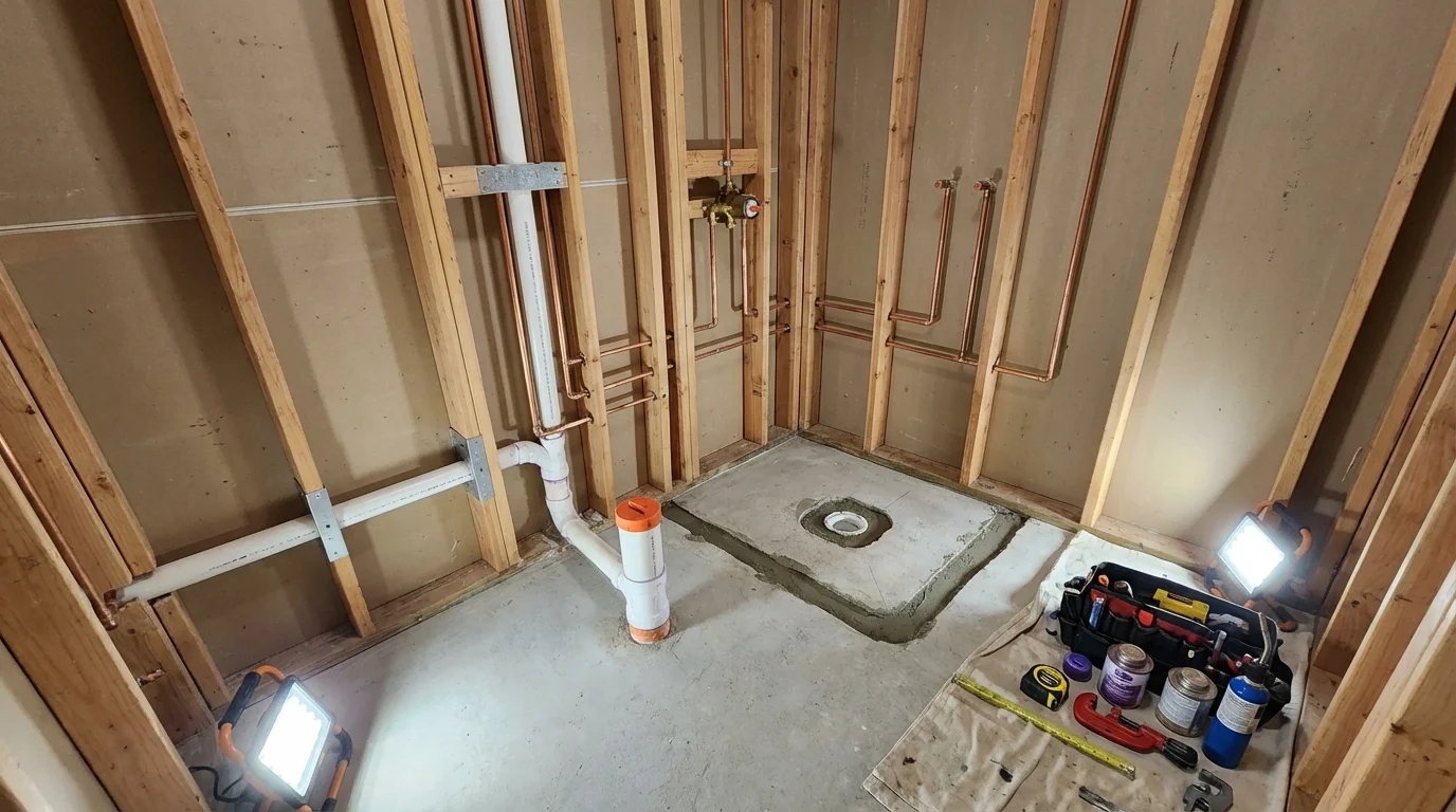 Bathroom rough-in plumbing during remodel by Johns Plumbing LLC in Bordentown