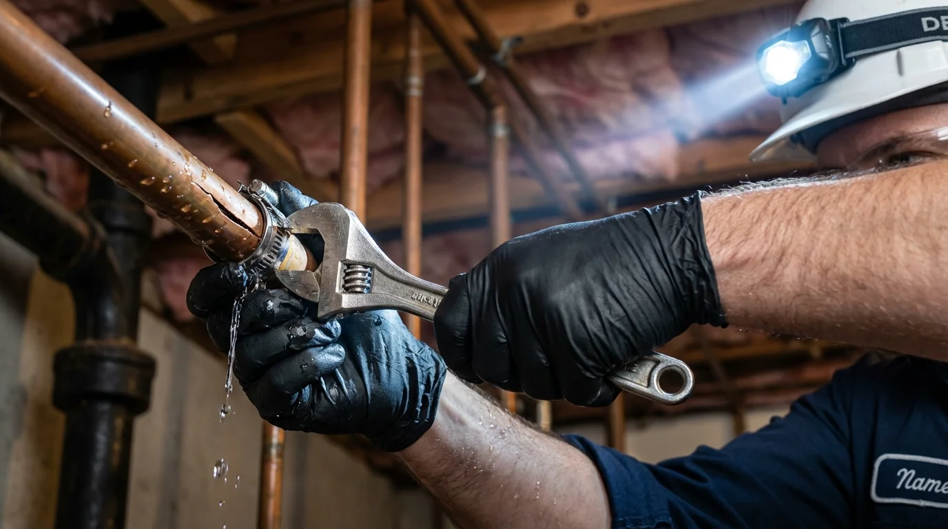 Emergency pipe clamp repair being performed by a Johns Plumbing LLC plumber in Bordentown