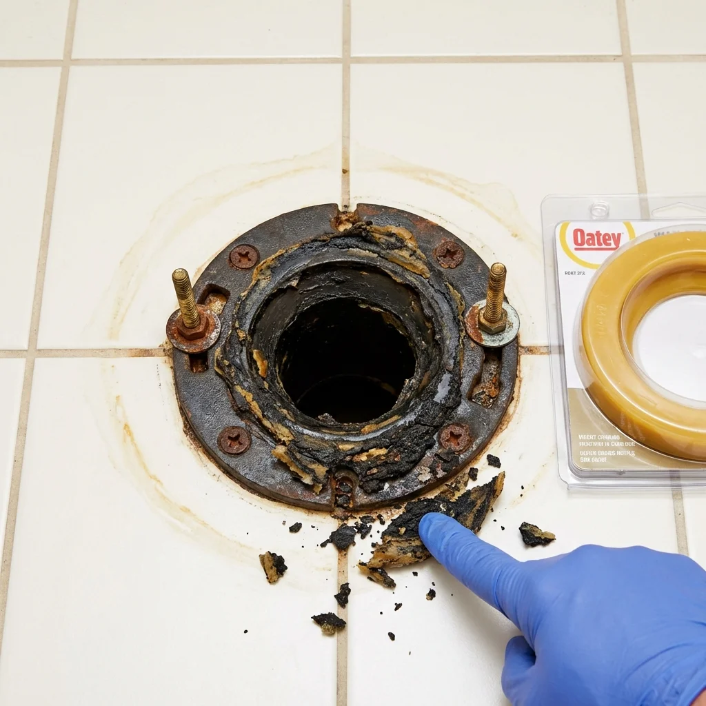 Failed wax ring showing water seepage at the base of a toilet in a Bordentown, NJ home