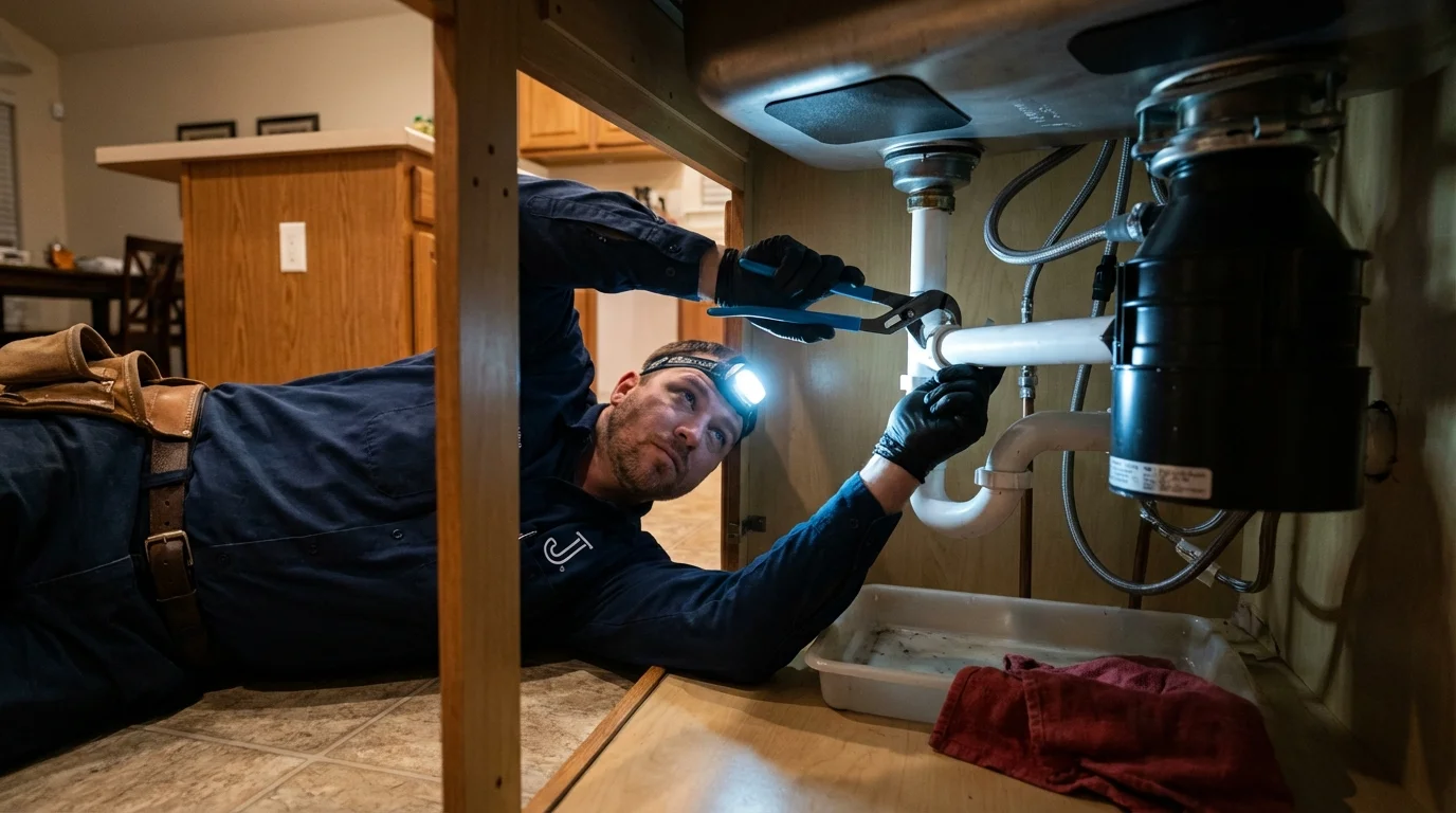 P-trap and supply line connections under a kitchen sink showing a common leak point in Bordentown, NJ